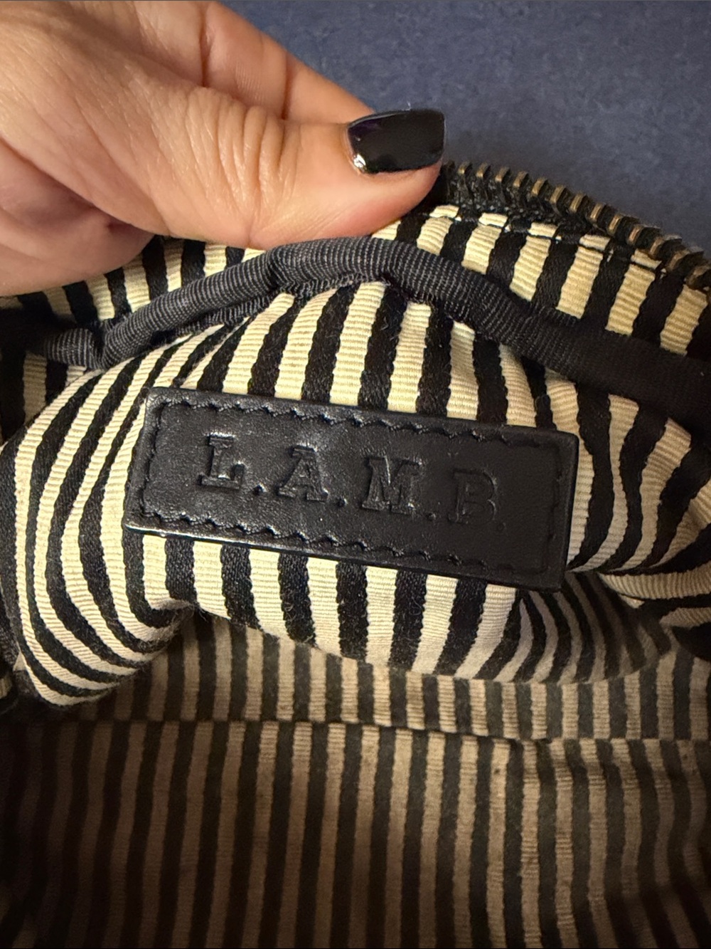 L.A.M.B. Black Leather Cosmetic Pouch with Green Center Stripe - Picture 2 of 9